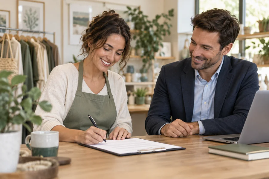 Smiling store owner signing an agreement with an advisor
