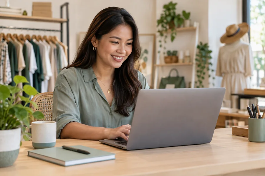 Smiling shop owner completing an online application on her laptop