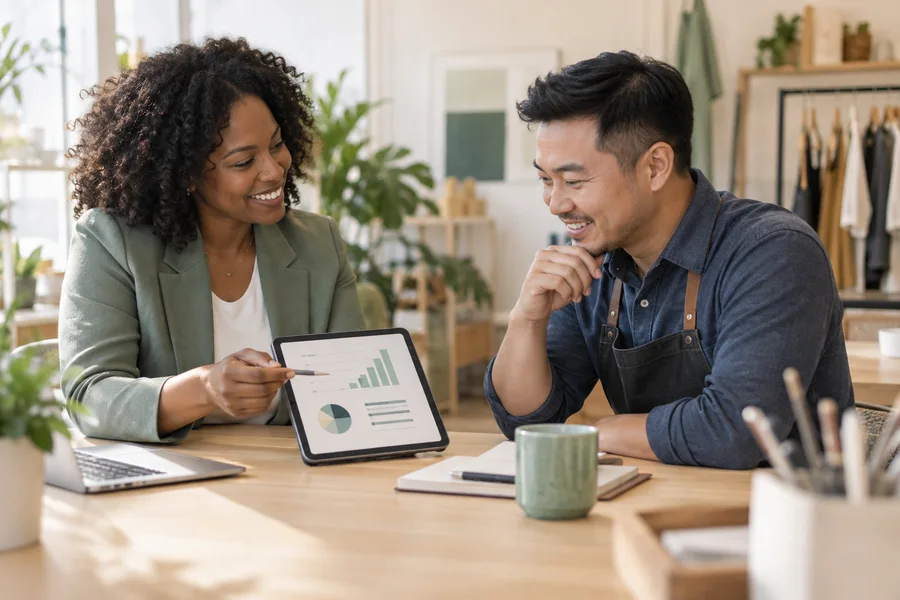 Advisor discussing a customized proposal with a smiling store owner